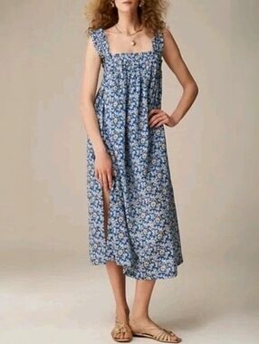 J Crew Blue Floral Midi Dress Womens M Sleeveless Square Neck Cotton